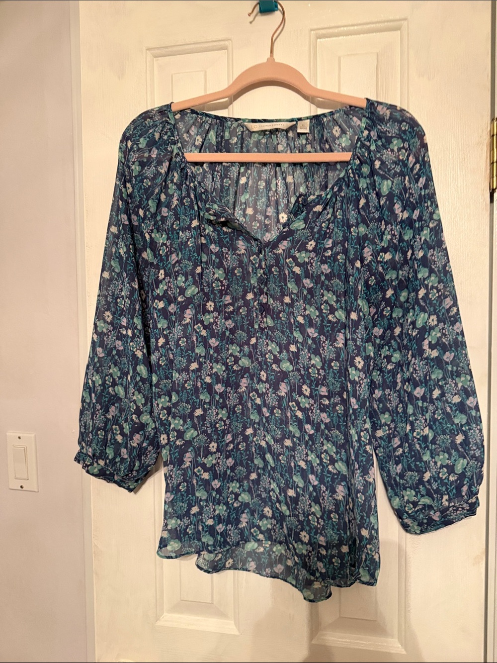 LC Lauren Conrad Navy Floral Peasant Blouse